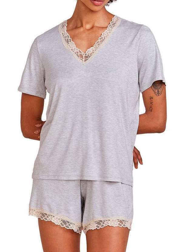 Vista 2 Pijama Feminino Curto Hope 0mcs1650 Csc-Cinza-Mescla-Claro Hope