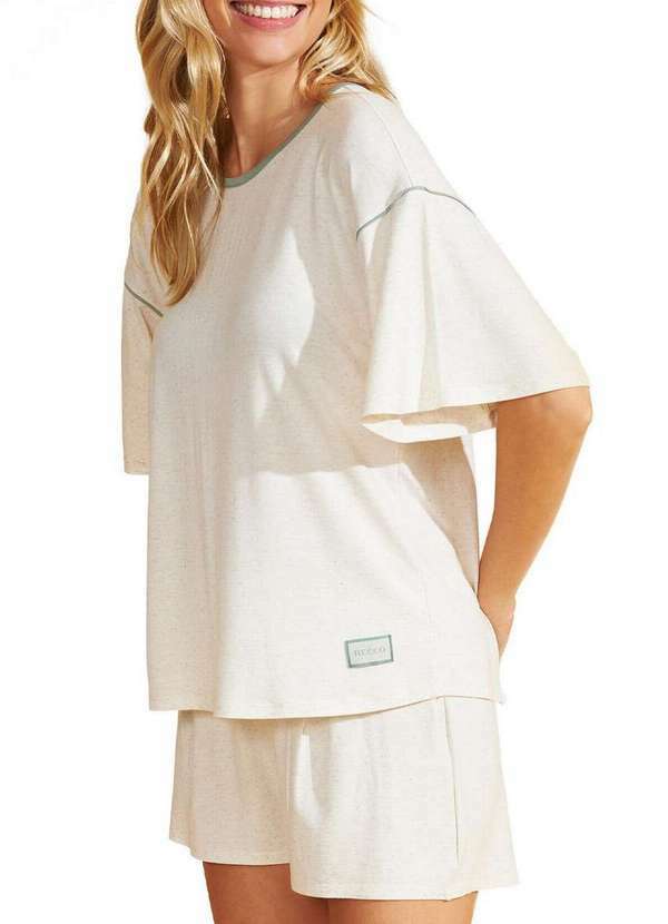 Vista 2 Pijama Feminino Curto Recco 17946 03636-Mescla-Palha Recco