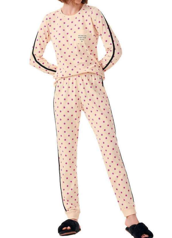 Vista 2 Pijama Feminino Longo Cor com Amor 13545 Nature-Preto Cor com Amor