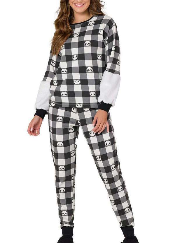 Vista 2 Pijama Feminino Longo Espaço Pijama 41283 Off-White-Preto Espaço Pijama