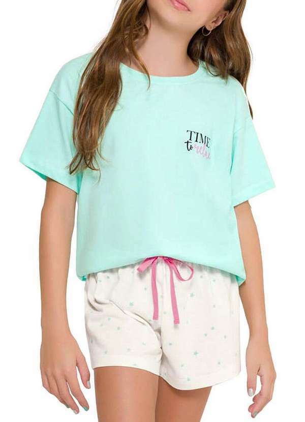 Vista 2 Pijama Infantil Menina Curto Espaço Pijama 4050035 Verde-Off-White Espaço Pijama