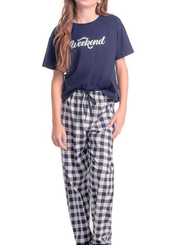 Pijama Infantil Menina Longo Espaço Pijama 4050050 Azul-Xadrez
