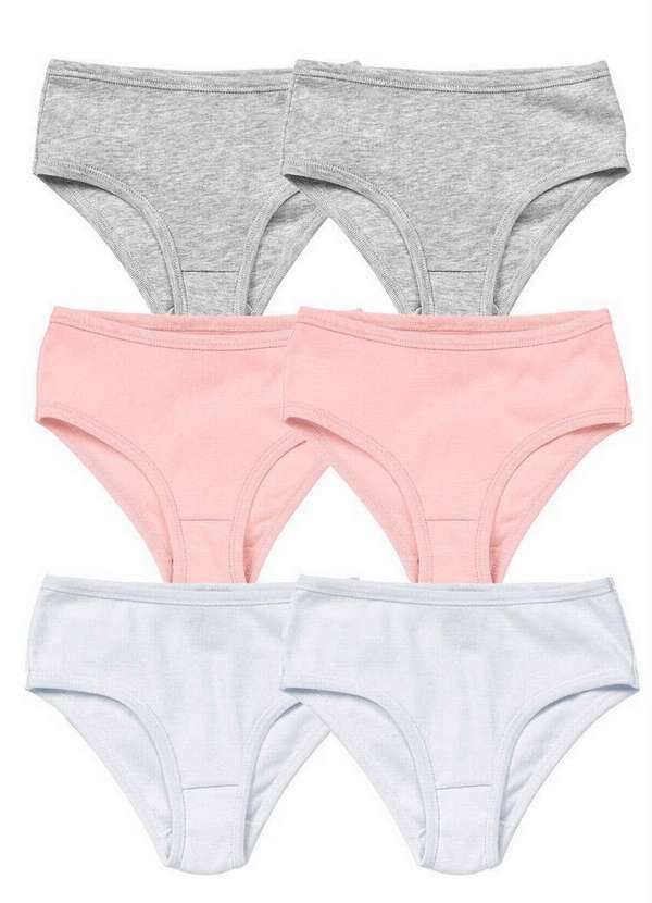 Vista 2 Kit com 6 Calcinhas Infantil Hering 577a 1a-Cinza-Mescla-Rosa-Branco Hering