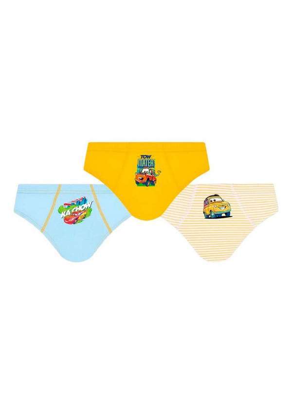 Vista 2 Kit com 3 Cuecas Infantil Slip Carros Lupo 175-089 0959-Azul-Amarelo-Listrado Disney Disney