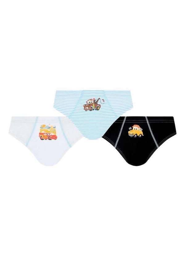 Vista 2 Kit com 3 Cuecas Infantil Slip Carros Lupo 175-089 0961-Branco-Listrado-Preto Disney Disney