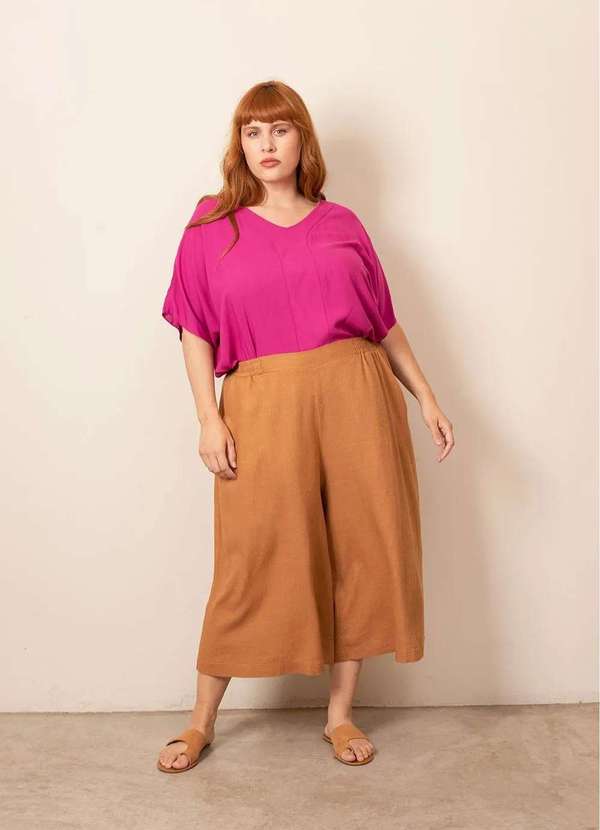 Calça Pantacourt Linho Plus Size Amarelo
