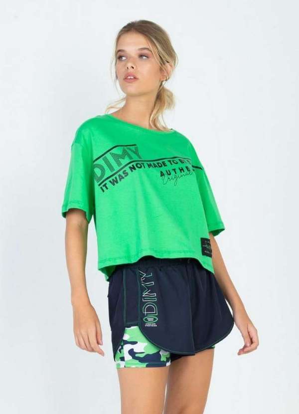 T-Shirt Cropped Boxy com Aplique Verde Verde