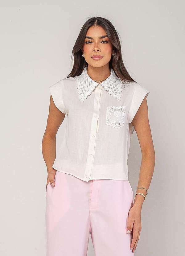 Vista 2 Blusa Alfaiataria com Gola em Renda e Bolso Decorado Branco