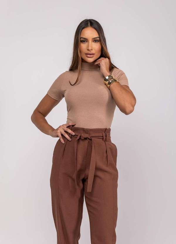 Vista 2 Blusa Gola Alta Malha Canelada Fashion Marrom Salvatore Fashion Salvatore Fashion