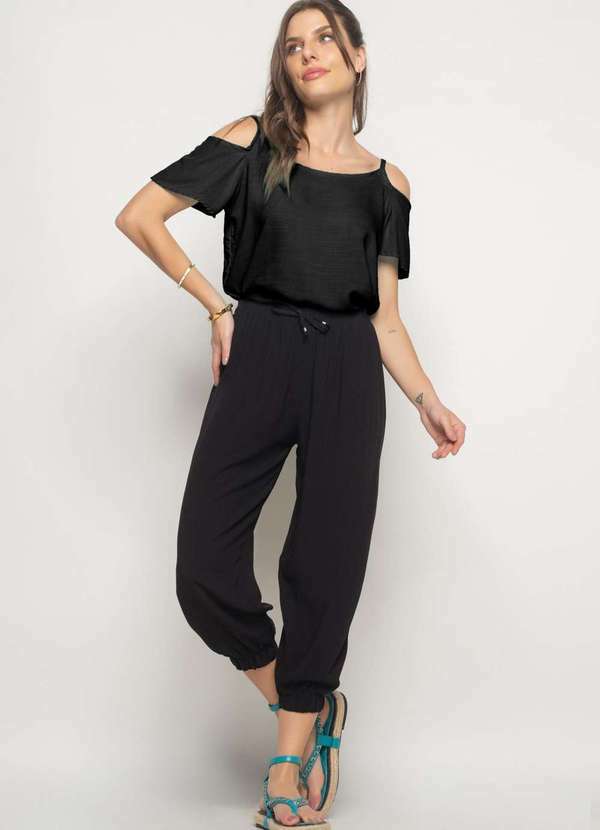 Blusa Ombro Vazado Viscolinho Fashion Preto
