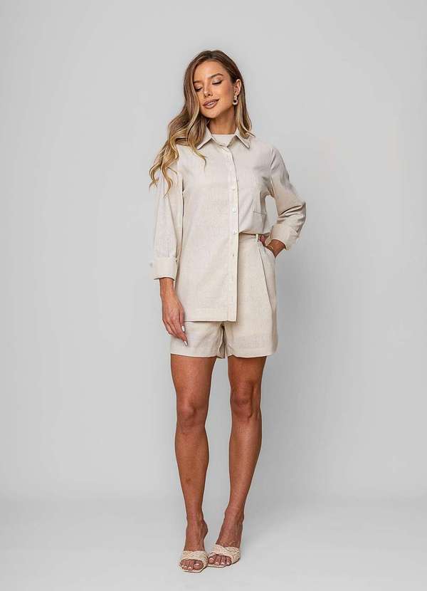 Vista 2 Camisa Alfaiataria Linho M/L com Bolso Bege Salvatore Fashion Salvatore Fashion
