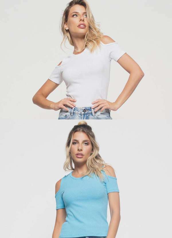 Kit 2 Blusas Ombro Vazado Malha Canelada Fashion Branco