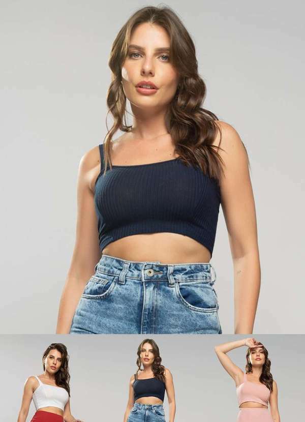 Kit 3 Croppeds Top Faixa Comfy Malha Canelada Fashion Branco