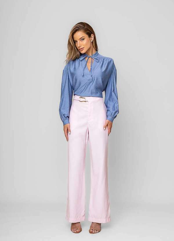 Vista 2 Calça Reta Alfaiatada com Cinto Rosa Salvatore Fashion Salvatore Fashion
