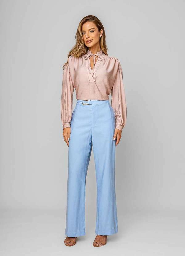 Vista 2 Calça Reta Alfaiatada com Cinto Azul Salvatore Fashion Salvatore Fashion