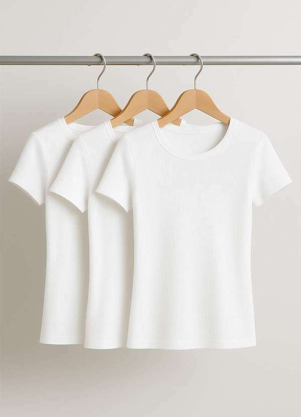Vista 2 Kit 3 Blusas Básicas Manga Curta Canelada Branco Salvatore Fashion Salvatore Fashion