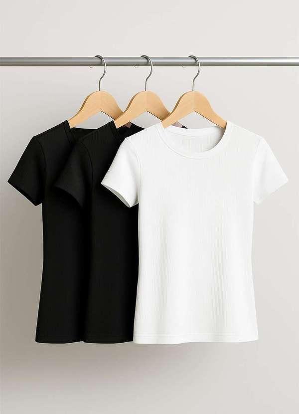 Vista 2 Kit 3 Blusas Básicas Manga Curta Canelada Preto Salvatore Fashion Salvatore Fashion