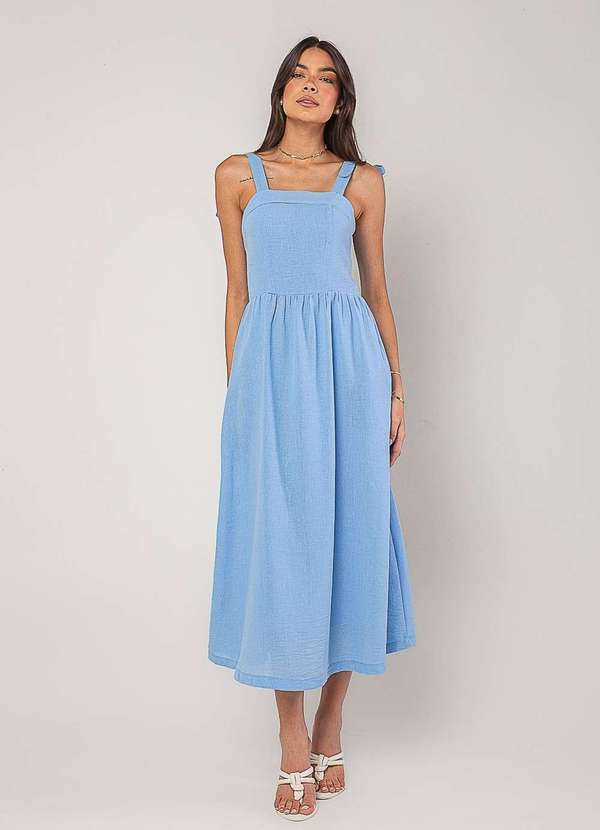 Vista 2 Vestido Alfaiataria Midi com Alças Largas e Amarração Azul Salvatore Fashion Salvatore Fashion