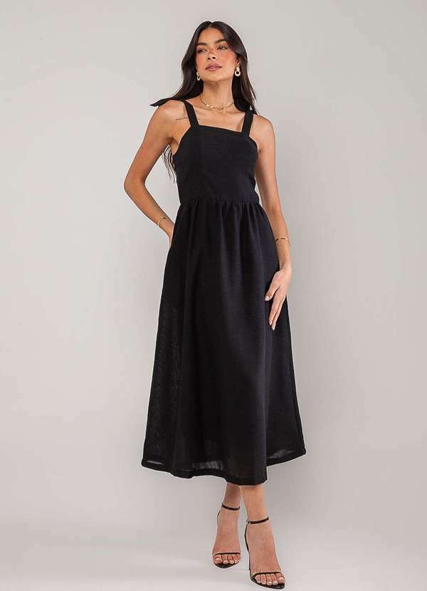 Vista 2 Vestido Alfaiataria Midi com Alças Largas e Amarração Preto Salvatore Fashion Salvatore Fashion