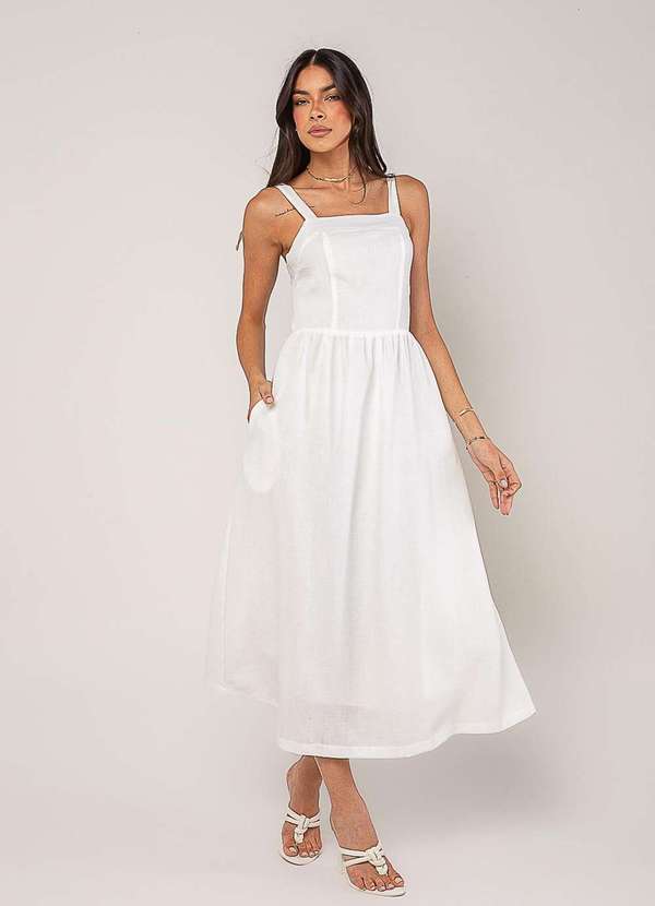 Vista 2 Vestido Alfaiataria Midi com Alças Largas e Amarração Branco Salvatore Fashion Salvatore Fashion