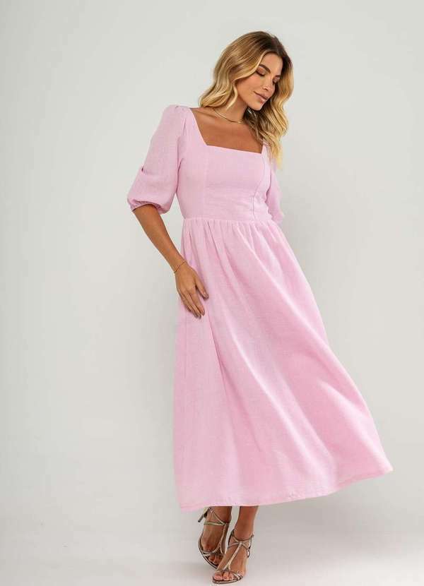 Vista 2 Vestido Longo com Decote Reto e Manga Bufante 3/4 Rosa Salvatore Fashion Salvatore Fashion