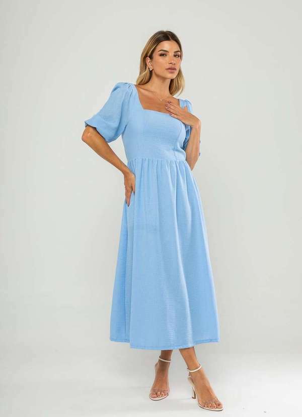 Vista 2 Vestido Longo com Decote Reto e Manga Bufante 3/4 Azul Salvatore Fashion Salvatore Fashion