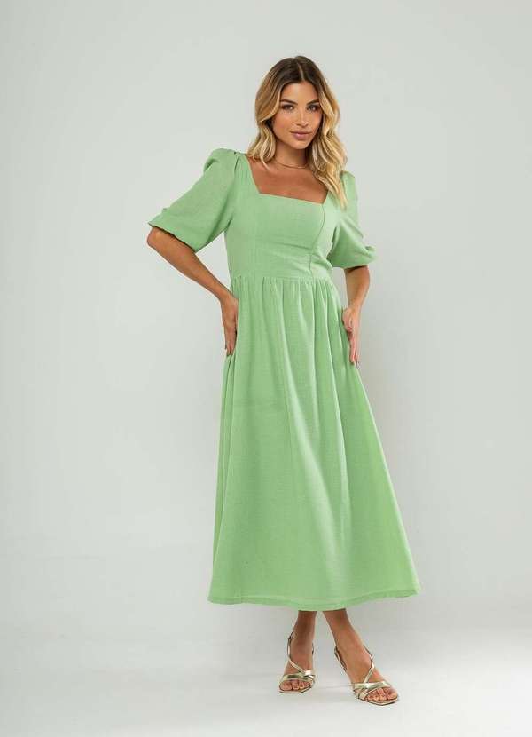 Vista 2 Vestido Longo com Decote Reto e Manga Bufante 3/4 Verde Salvatore Fashion Salvatore Fashion