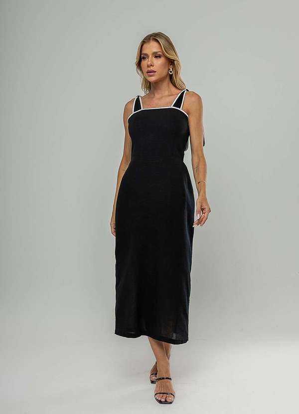Vista 2 Vestido Midi com Alças de Amarração e Acabamento Contrastante Preto Salvatore Fashion Salvatore Fashion