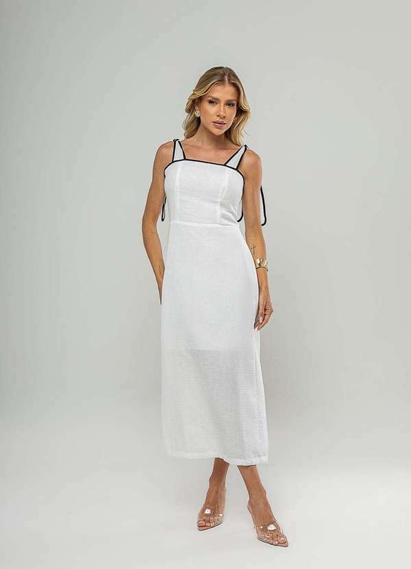 Vista 2 Vestido Midi com Alças de Amarração e Acabamento Contrastante Branco Salvatore Fashion Salvatore Fashion