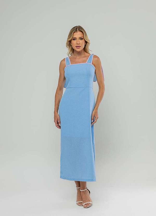Vista 2 Vestido Midi com Alças de Amarração e Acabamento Contrastante Azul Salvatore Fashion Salvatore Fashion