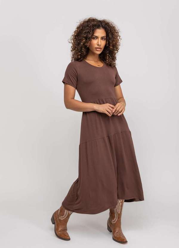 Vestido Midi Manga Curta com Babado Marrom
