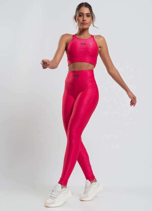 Calça Legging Suplex Canelada com Brilho e Recortes Fashion Rosa
