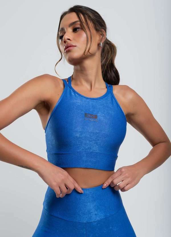 Vista 2 Top Suplex Canelado Brilho com Decote Alto e Tiras Fashion Azul Salvatore Fashion Salvatore Fashion