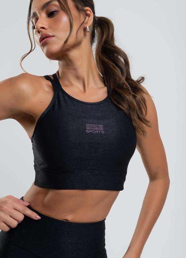 Vista 2 Top Suplex Canelado Brilho com Decote Alto e Tiras Fashion Preto Salvatore Fashion Salvatore Fashion