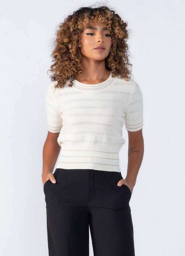 Blusa de Manga Fios de Lurex Creme