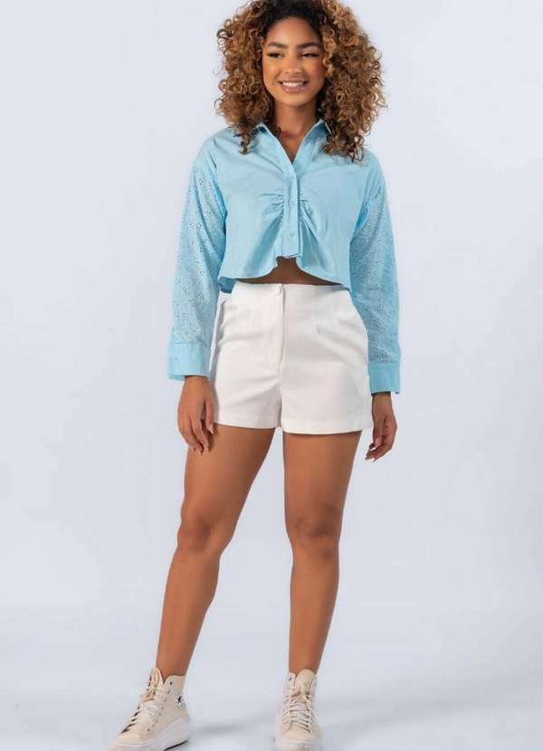 Camisa Cropped Manga Corte Laise Azul