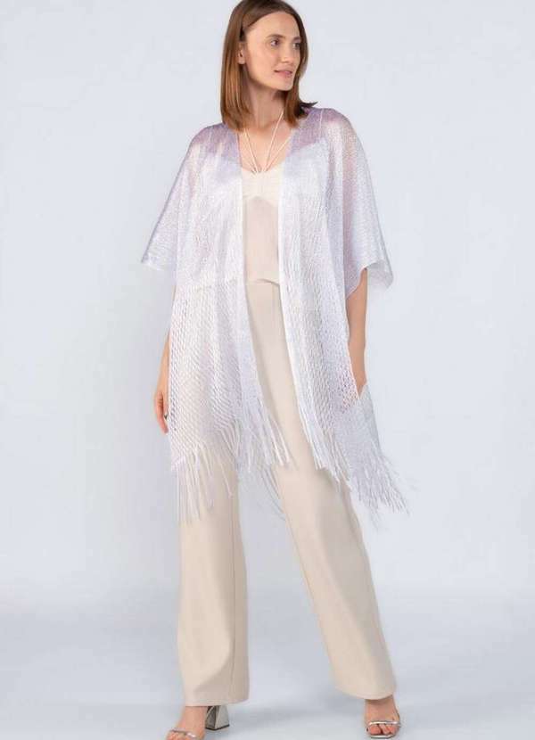 Kimono com Franjas e Fios de Lurex Branco