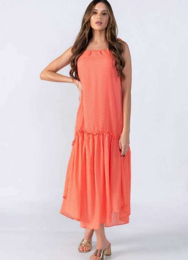 Vestido Amplo Alongado com Babado Salmao