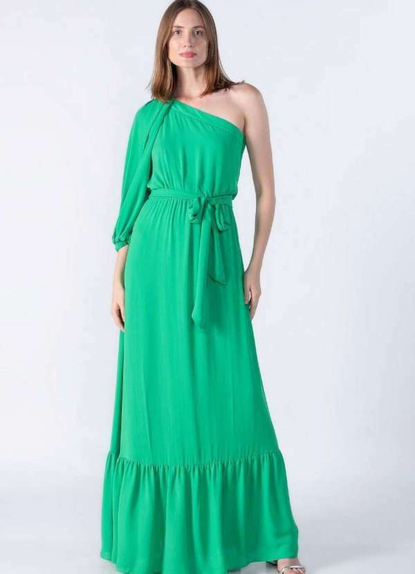 Vestido Longo um Ombro com Babado Verde