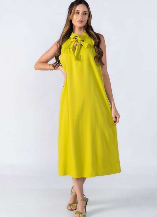 Vestido Midi Decote em V com Faixa Verde