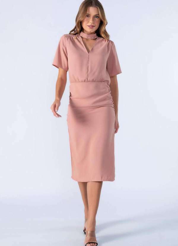 Vestido Midi Franzido Decotado Rose