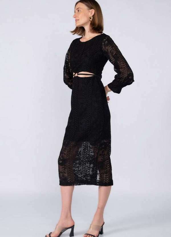 Vestido Midi Renda em Gipir Classico Preto