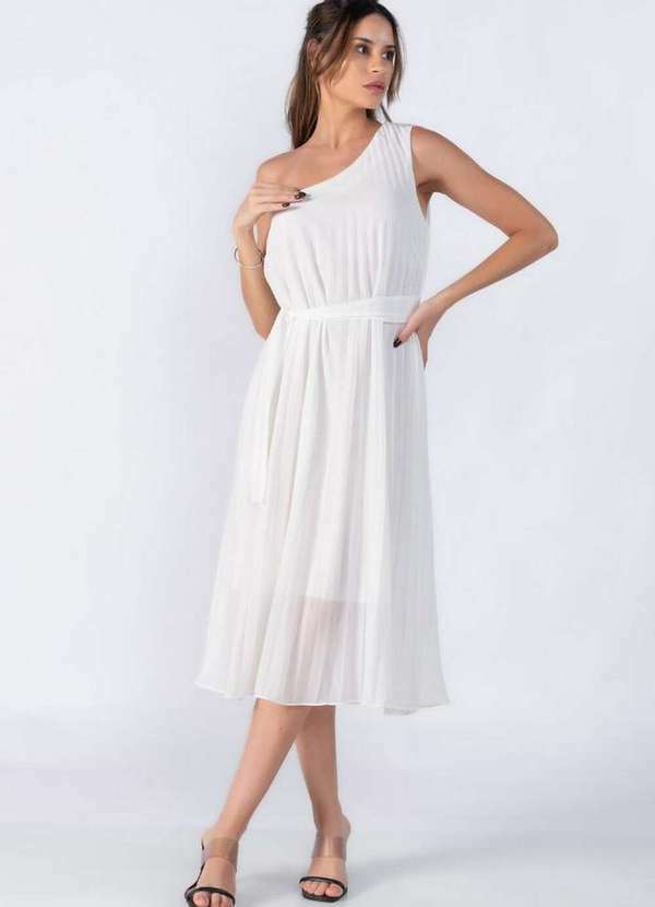 Vestido Plissado um Ombro Branco