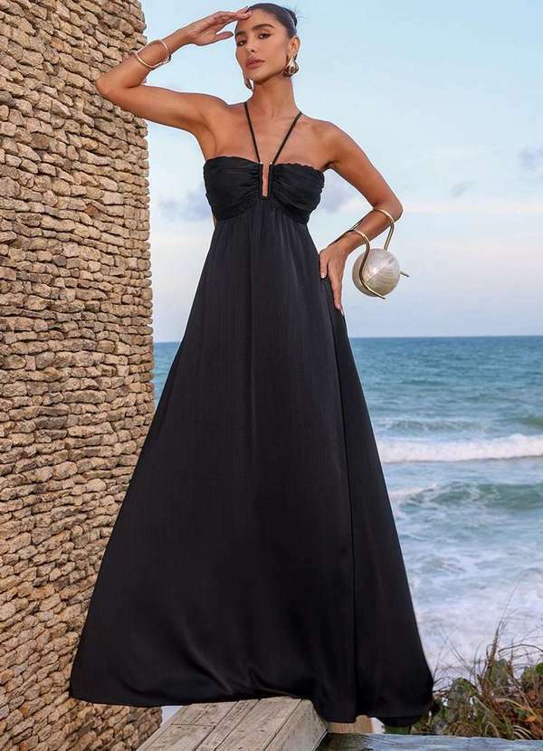 Vestido Dot Clothing Longo Jaque Plissado Preto
