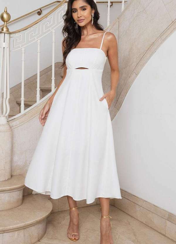 Vestido Midi Amanda Detalhe Vazado com Bolsos Branco