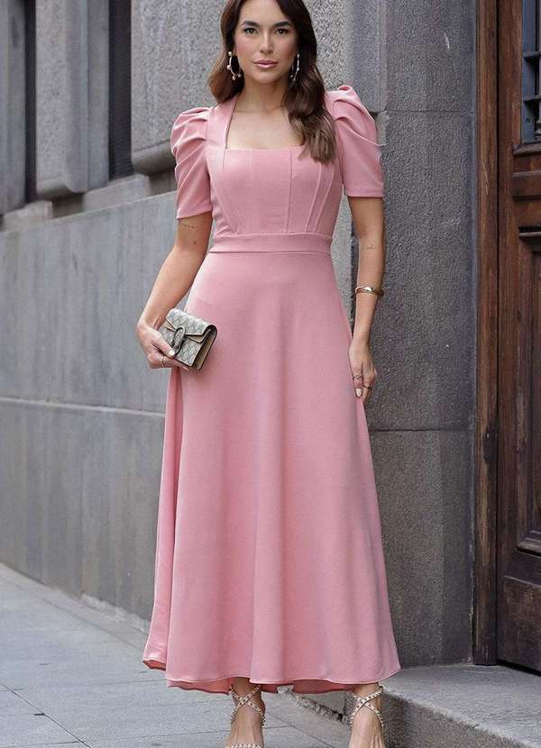 Vestido Midi Bruna Manga Bufante c/ Barbatana Rosa