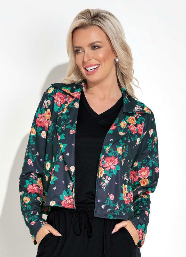 Blazer Floral Preto com Gola e Mangas Longas