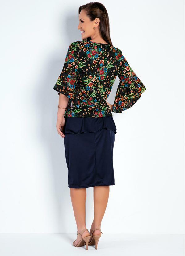 

Blusa Manga 3/4 Floral Preta Moda Evangélica, Preto