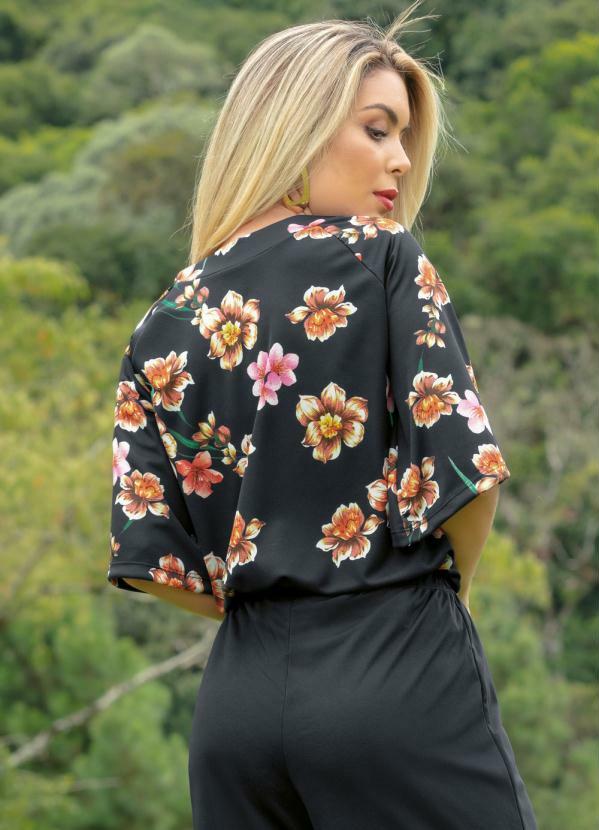 

Blusa Preta e Floral com Mangas Amplas e Gota, Preto
