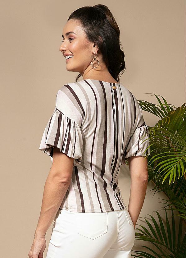

Blusa Listras Candy com Mangas Balonê, Bege